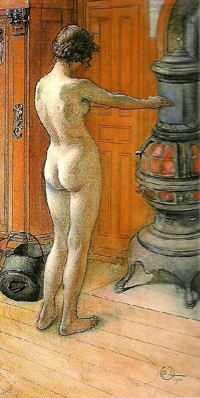 Carl Larsson leontine staende , naken rygg- naken flicka framfor kamin- framfor kaminen oil painting picture